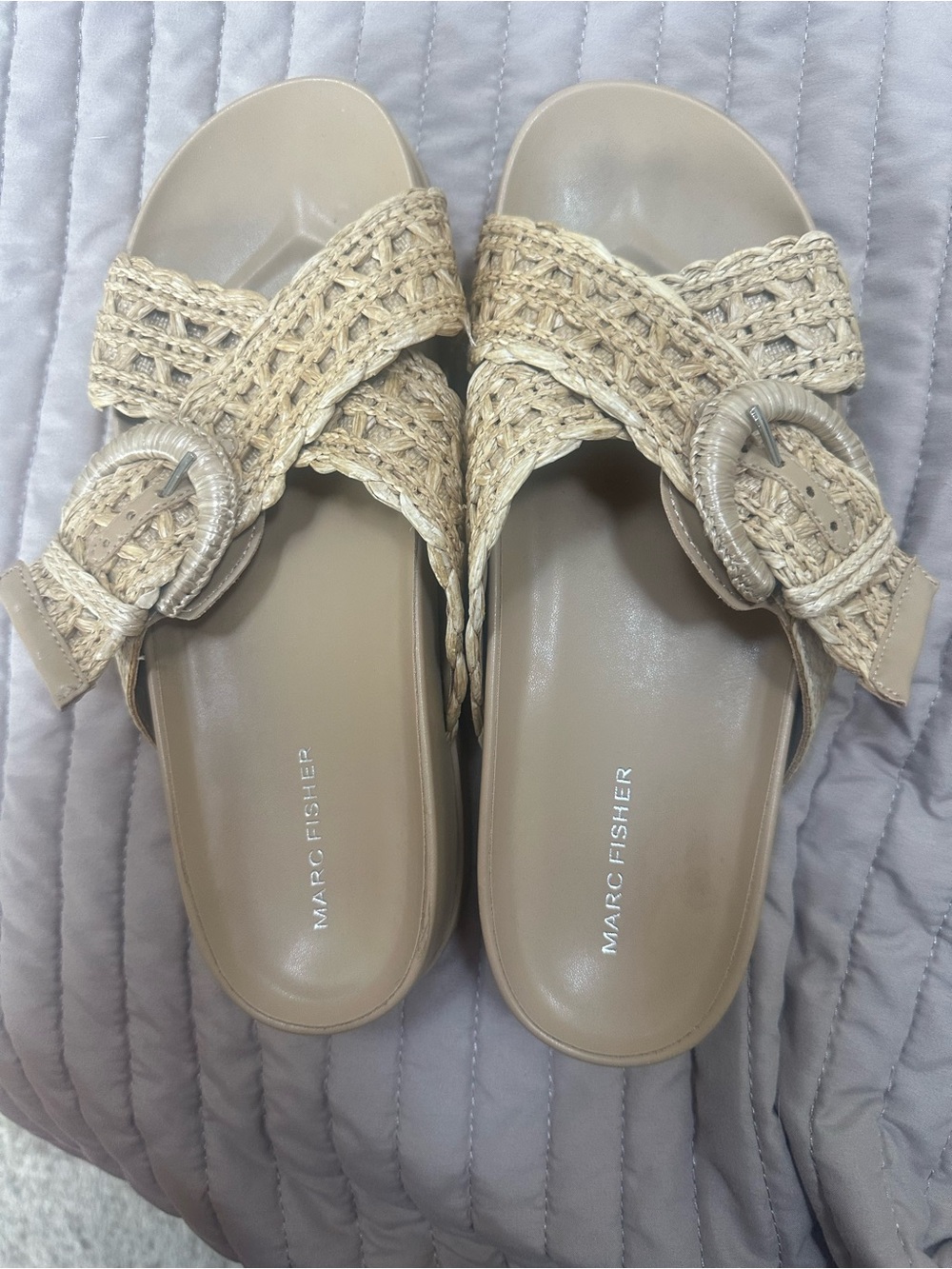 Marc Fisher Tan Woven Buckle Slide Sandals